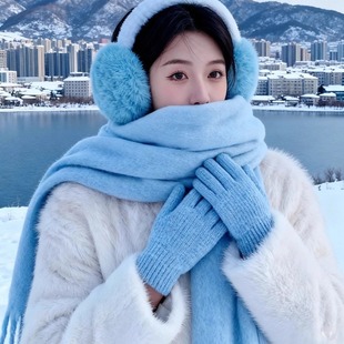蓝色围巾帽子女冬季保暖加厚围脖男东北长白山穿搭氛围感纯色披肩