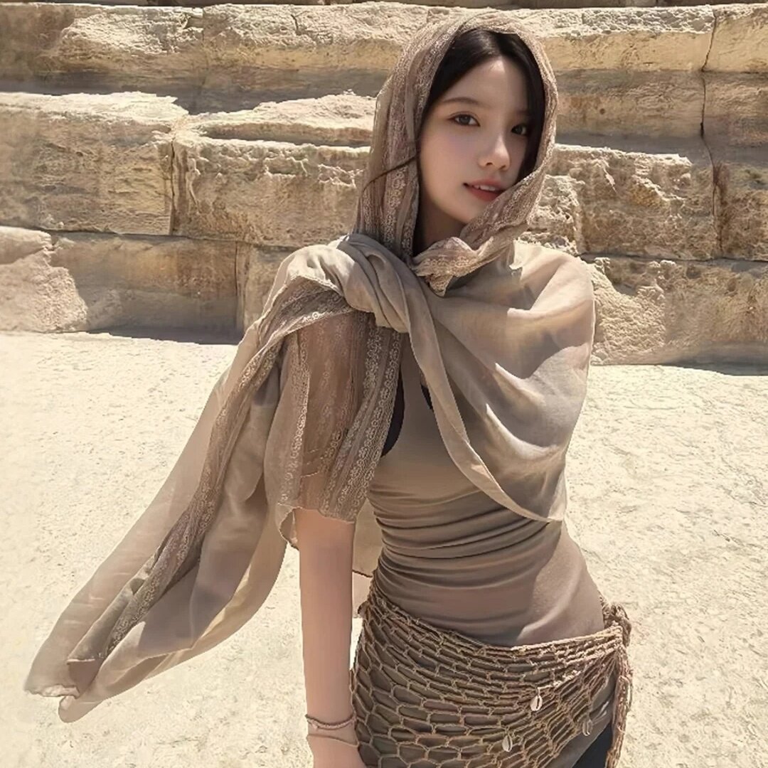 亚麻蕾丝棉麻薄款围巾女防晒披肩两用春秋钩花镂空丝巾纯色纱巾