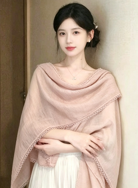 亚麻蕾丝花边围巾高级感夏季薄款纯色褶皱头巾百搭丝巾防晒披肩