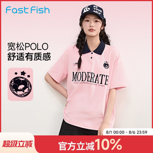 百搭翻领T恤宽松落肩上衣 快鱼字母图案POLO衫 女2025夏季 新款 时尚