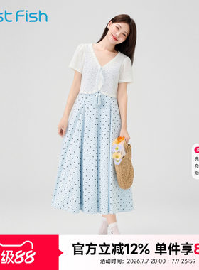 快鱼法式连衣裙波点裙子女款2026新款文艺淑女气质显瘦两件套开衫