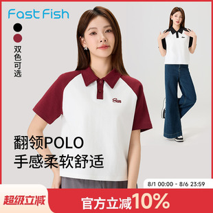 撞色青春薄款 快鱼POLO衫 简约学院风印花短袖 女2025夏季 短上衣 新款