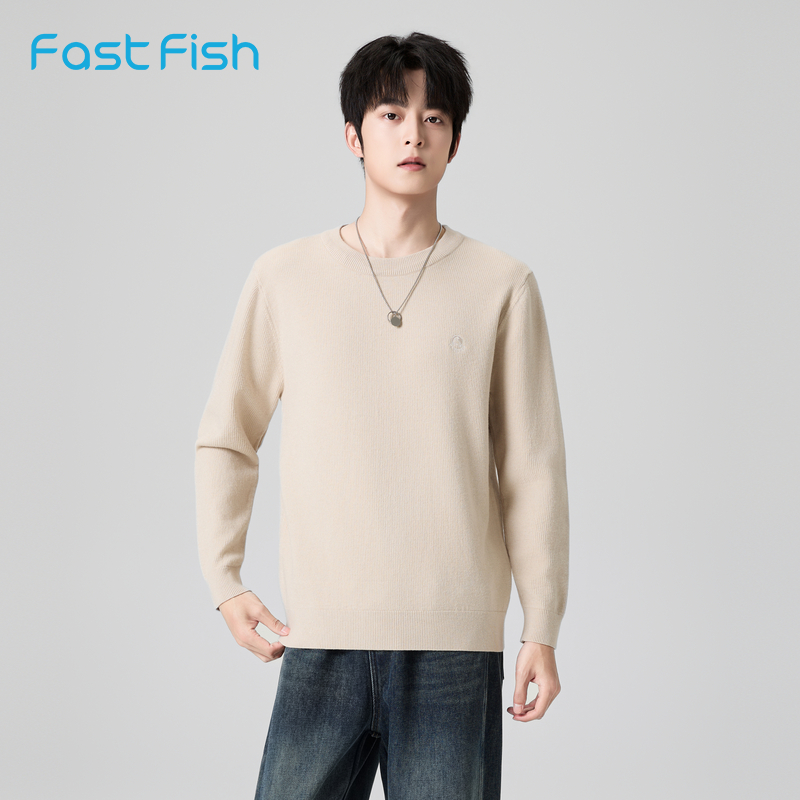 快鱼圆领毛衣男2025年冬新款休闲简约针织上衣宽松保暖套头上衣