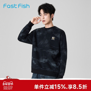 快鱼2025年冬季新男士套头卫衣泼墨晕染设计胸前刺绣经典圆领上衣