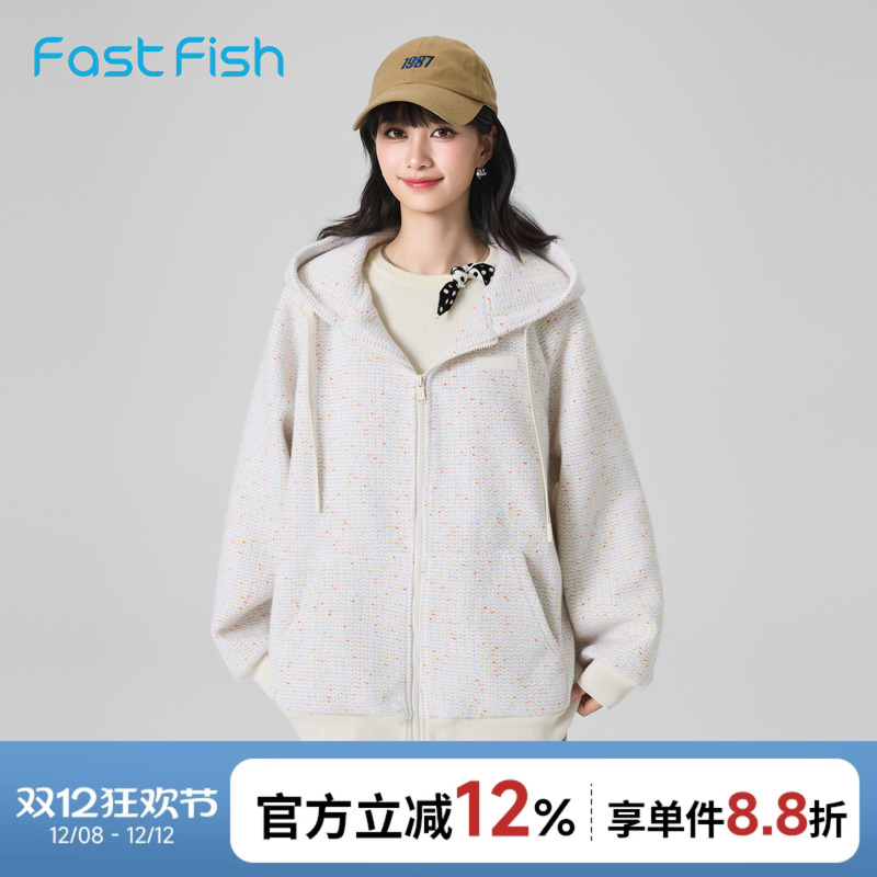 快鱼2025冬季美式碎花连帽卫衣外套外搭拉链开衫上衣针织外套