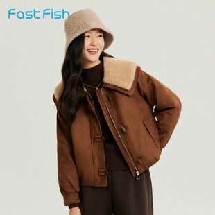 快鱼女士翻领夹克2026年春季新款时尚百搭外套加厚保暖毛领上衣