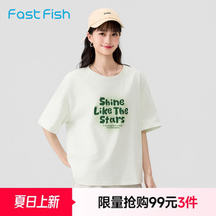 小众简约印花夏宽松半袖 快鱼美式 纯棉t恤女2026新款 短袖 上衣 女装