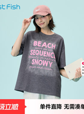 快鱼美式字母短袖t恤女2026新款棉做旧流行街潮宽松女生夏季上衣