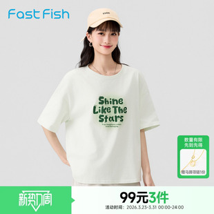 女装 快鱼美式 小众简约印花夏宽松半袖 短袖 上衣 纯棉t恤女2026新款