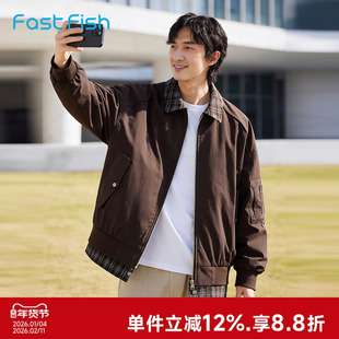 快鱼羽绒服男款2026新款美式复古休闲格子外套假两件翻领男装夹克