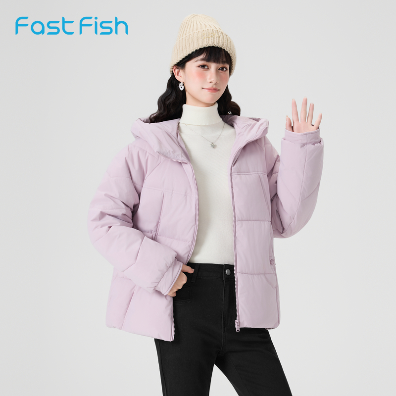 快鱼棉服女2025年冬季新款微宽松净色短款连帽外套防寒加厚小棉袄