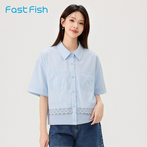 快鱼2026年夏季新款女潮流趣味舒适柔软透气蕾丝花边翻领时尚衬衫