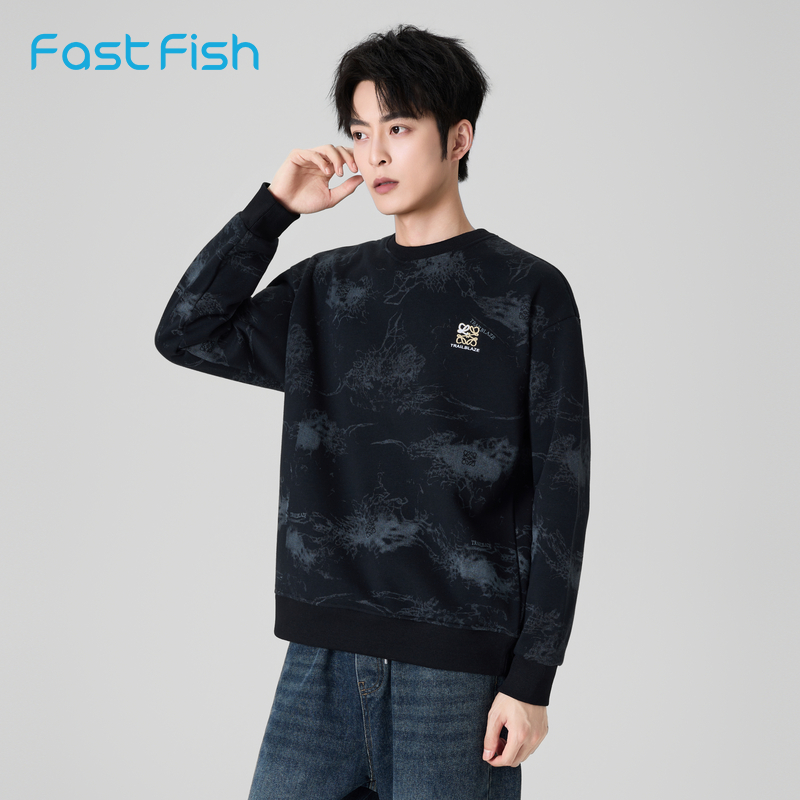 快鱼2025年冬季新男士套头卫衣泼墨晕染设计胸前刺绣经典圆领上衣