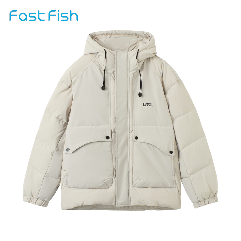 快鱼厚短款棉衣男2025年冬季立领连帽保暖棉服工装大口袋简约外套