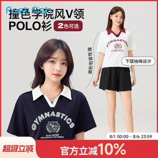 时尚 快鱼女POLO衫 新款 短袖 撞色V领学院风休闲上衣百搭T恤 2025夏季