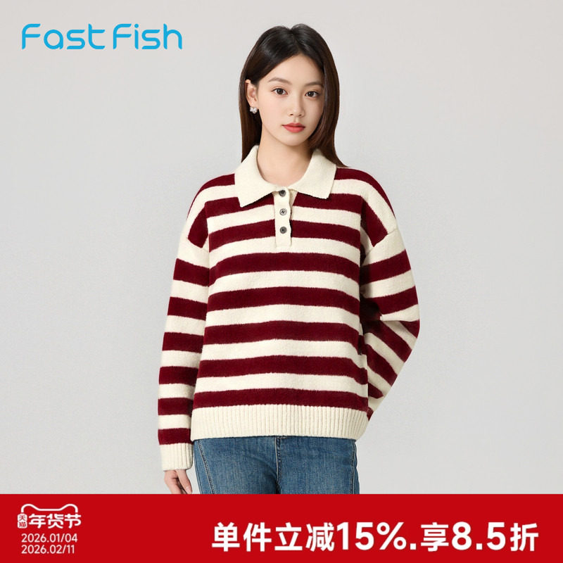 快鱼2025年冬新款毛衣时尚宽松长袖保暖条纹休闲内搭翻领上衣女,女装/女士精品,毛衣,淘宝优惠券,粉丝福利购,淘宝优惠卷