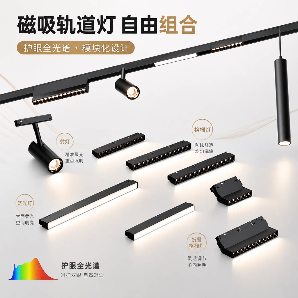 磁吸轨道灯3.0全光谱智能款可调光无主灯客厅泛光灯嵌入式导轨槽