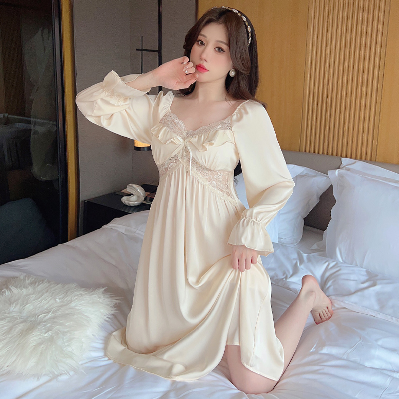 2023年新款睡袍女春秋冰丝薄款性感长袖睡裙夏季小清新丝绸家居