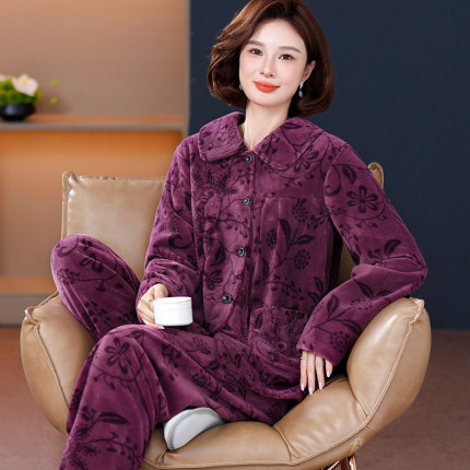 中老年妈妈睡衣女法兰绒加厚保暖秋冬季加绒珊瑚绒大码中年家居服