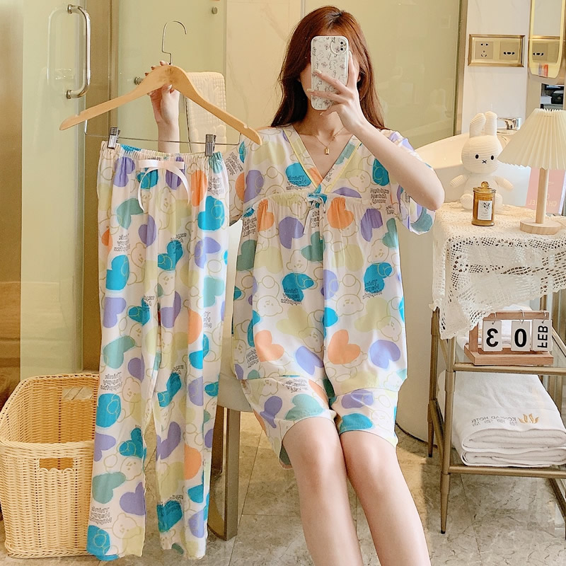 夏季薄款短袖绵绸人造棉家居服