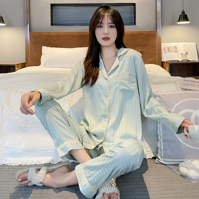 睡衣女士夏季丝绸长袖长裤春秋宽松薄款新款千鸟格家居服冰丝开衫