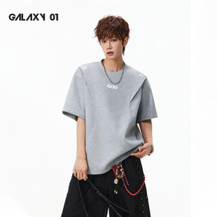 Galaxy 01 夏季美式复古短袖T恤男女撞色立体裁剪刺绣宽松体恤衫