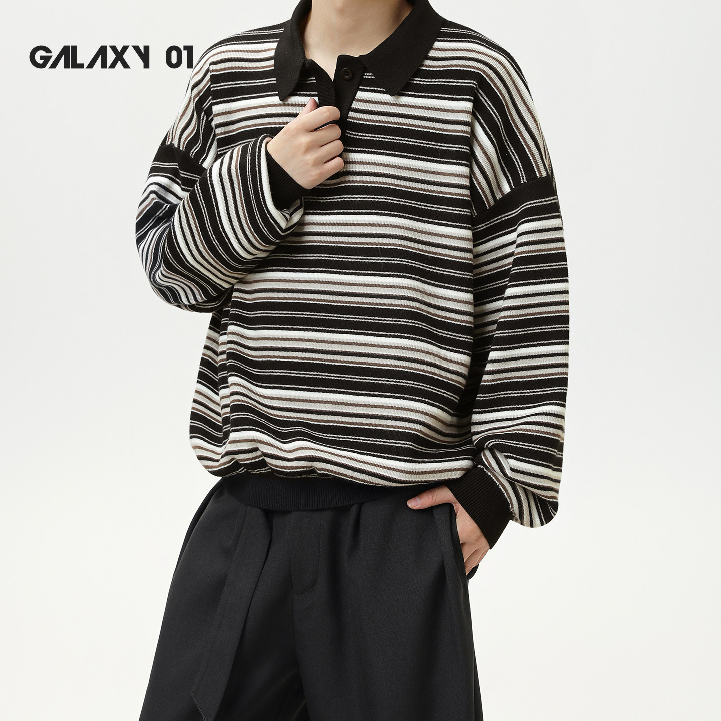 Galaxy 01 复古polo领毛衣男女秋冬撞色条纹针织衫宽松情侣打底衫