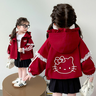 韩系女童秋季宝宝可爱冲锋衣2025新款可爱卡通kt猫蕾丝花边外套衣