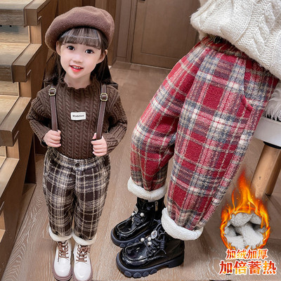 女童裤子冬款宝宝洋气加绒羊羔绒保暖加厚毛呢裤羊驼绒长裤格子裤