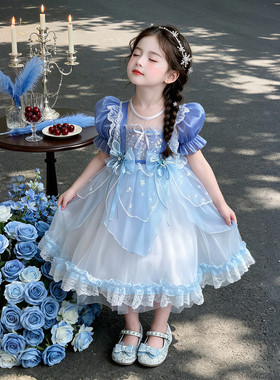 女童艾莎公主裙夏季儿童生日蓝色礼服裙冰雪奇缘小女孩艾莎连衣裙