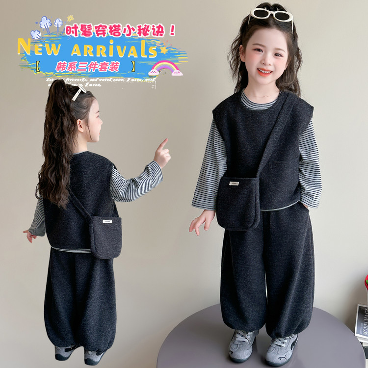 女童呢子马甲春秋款长袖套装宝宝女孩时尚韩版秋装儿童衣服三件套