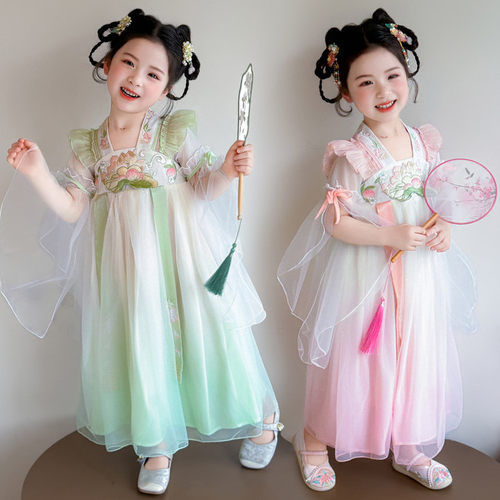 汉服女童2026夏儿童古风超仙荷花刺绣公主裙子女孩国风古装连衣裙