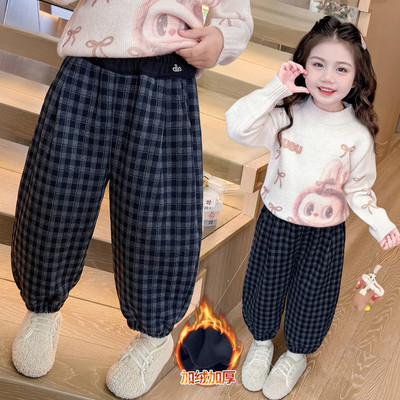 加绒女童裤子束脚裤2025秋冬季休闲新款儿童格子宝宝长裤加厚保暖