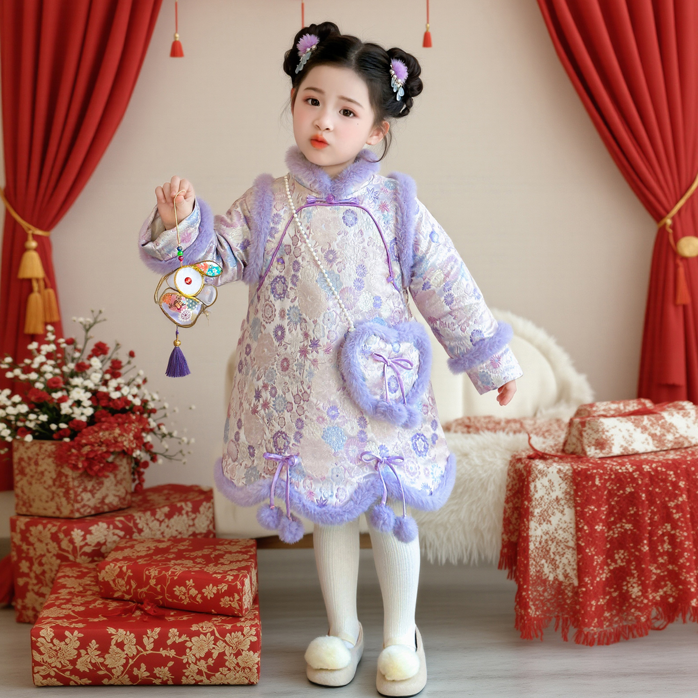 女童汉服连衣裙秋冬装宝宝周岁礼服儿童新中式唐装旗袍裙拜年衣服