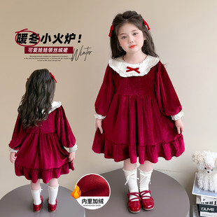 女童连衣裙秋冬加绒礼服红裙冬季小女孩裙子女宝宝丝绒过年公主裙