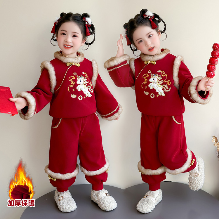 女童拜年服套装冬季2025新款女宝宝国风加绒加厚冬装儿童新年衣服