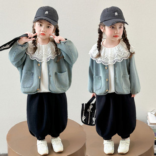 女童春季韩版牛仔蕾丝三件套女宝宝春款时髦洋气花边套装春装休闲