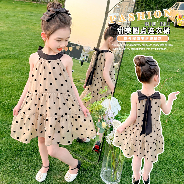 女童波点连衣裙夏季2025新款洋气儿童背心裙子宝宝系带挂脖公主裙