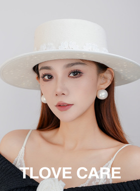 9669优雅洋气平沿帽女士秋冬季新款名媛范羊毛毡帽子户外大檐礼帽