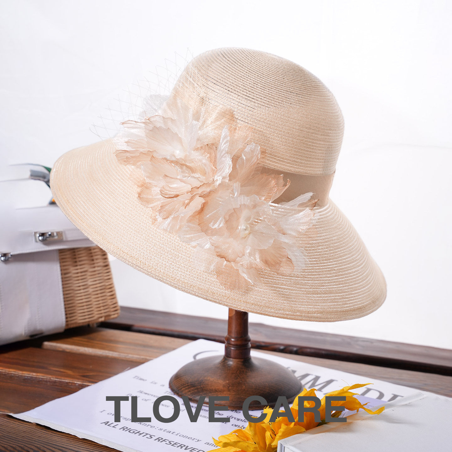 6112+女夏季花朵装饰大檐遮阳帽优雅防晒度假帽显脸小