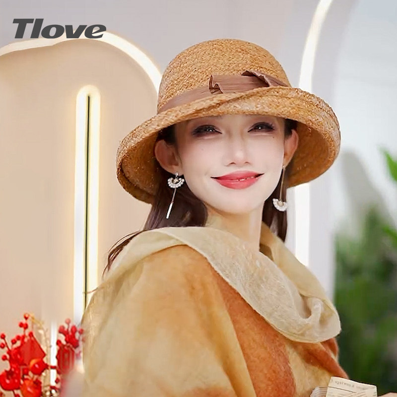 4835+tlove春夏新款时尚休闲蝴蝶结飘带大檐拉菲草帽户外旅游防晒