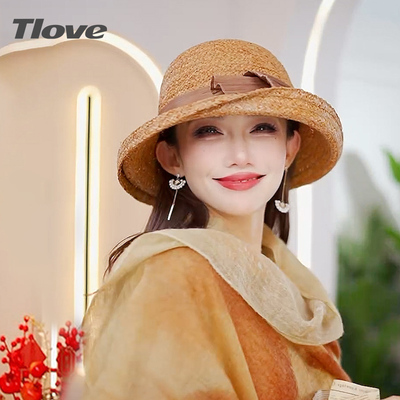 4835+tlove春夏新款时尚休闲蝴蝶结飘带大檐拉菲草帽户外旅游防晒