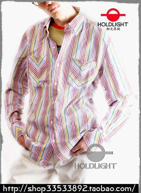 春夏季日韩版小清新经典细彩虹条纹时尚个性长袖男款纯棉衬衣衬衫