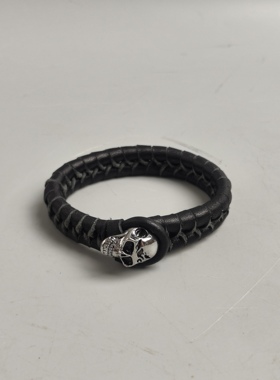 香港15/16时尚机车个性摇滚乐队风骷髅头真皮编织手环手链饰品