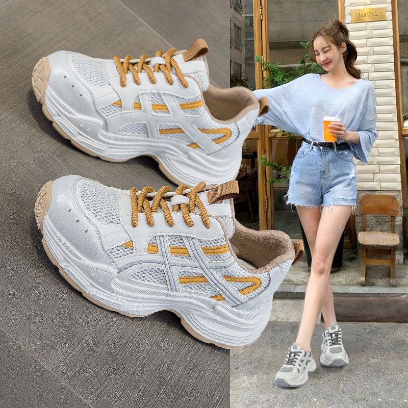 鞋子女ins潮百搭小众43春夏薄款全网面透气41大码真皮厚底老爹鞋