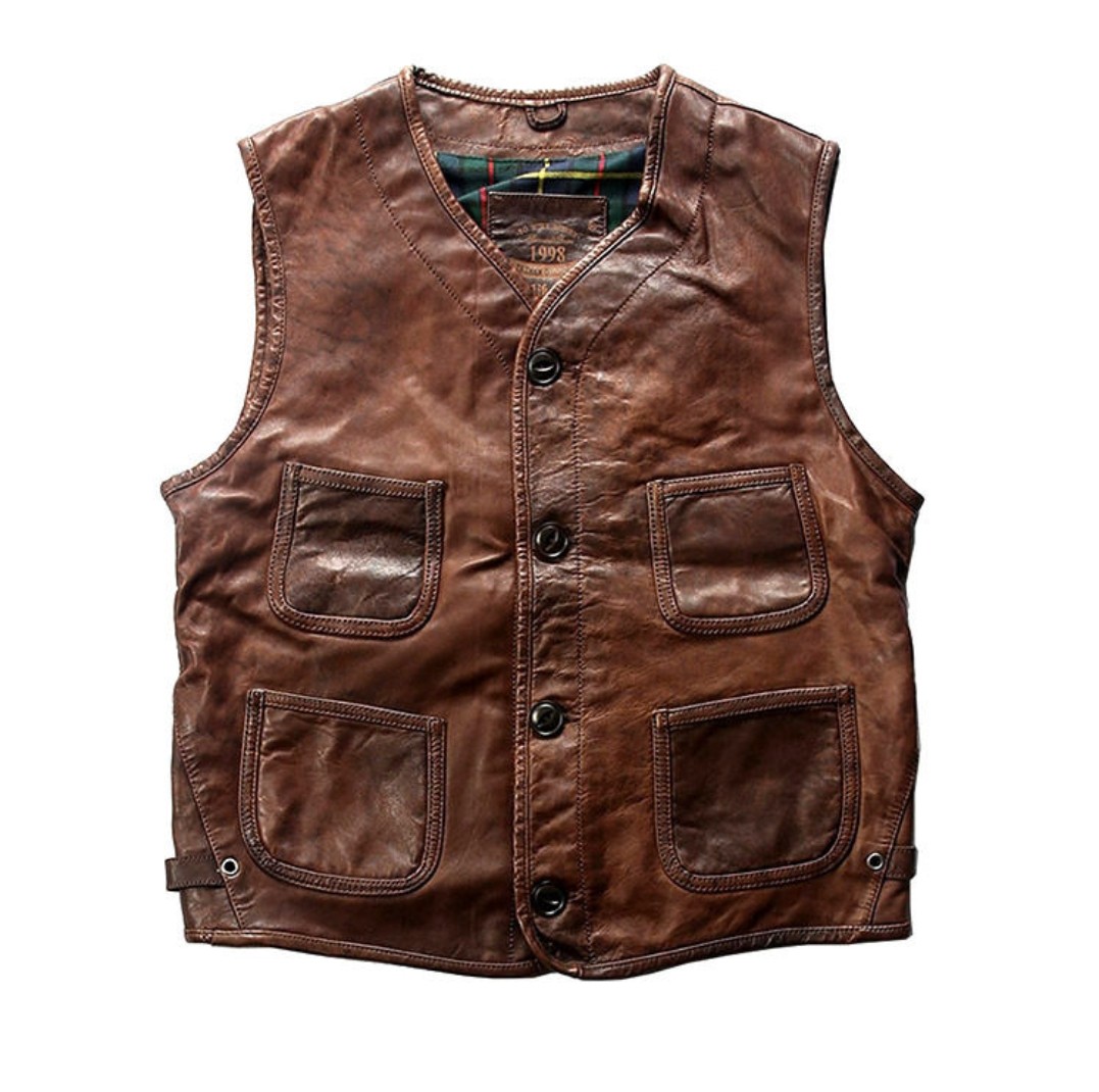 春秋季新款休闲真皮机车背心坎肩男女棕色复古头层牛皮马甲可定制