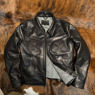 门多萨蜡染牛皮无涂全粒面小牛皮高档皮衣纯牛皮美式 夹克型格