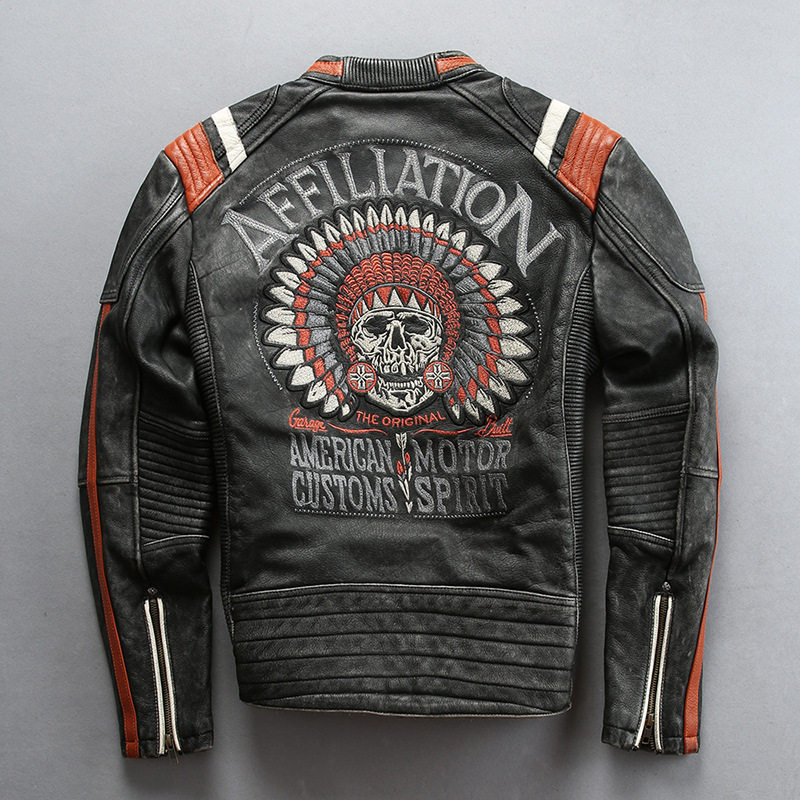 头层牛皮印第安骷髅刺绣皮衣男欧美复古做旧灰色皮夹克胸100-124