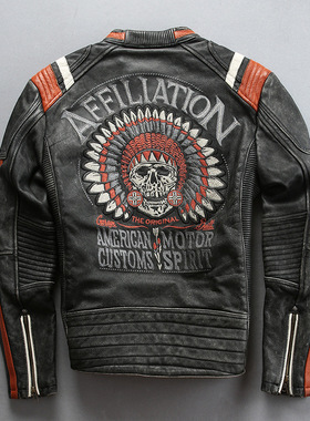 头层牛皮印第安骷髅刺绣皮衣男欧美复古做旧灰色皮夹克胸100-124