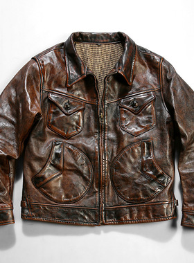 秋冬男装日系门多萨农场主做旧油蜡马皮皮衣男翻领多兜真皮夹克